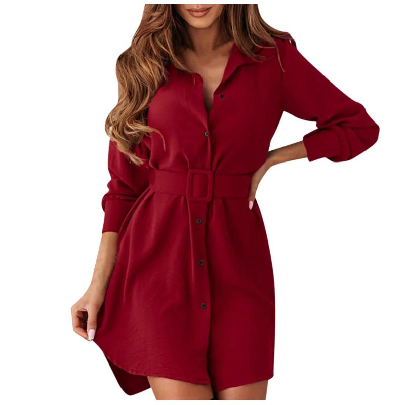 

Casual Dresses Shirt Dress Women Solid Lapel Loose Long Sleeve Party Elegant Office Lady Belt Single Breasted Short, Green