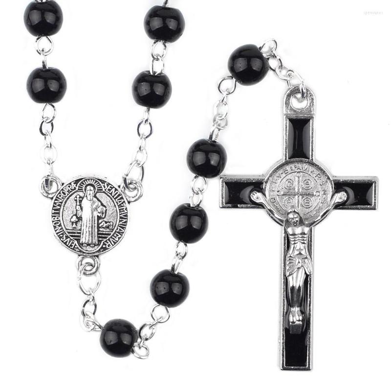 

Chains St Benedict Rosaries 6mm Black Glass Beads Religious Cross Necklace Catholic Jesus Rosary
