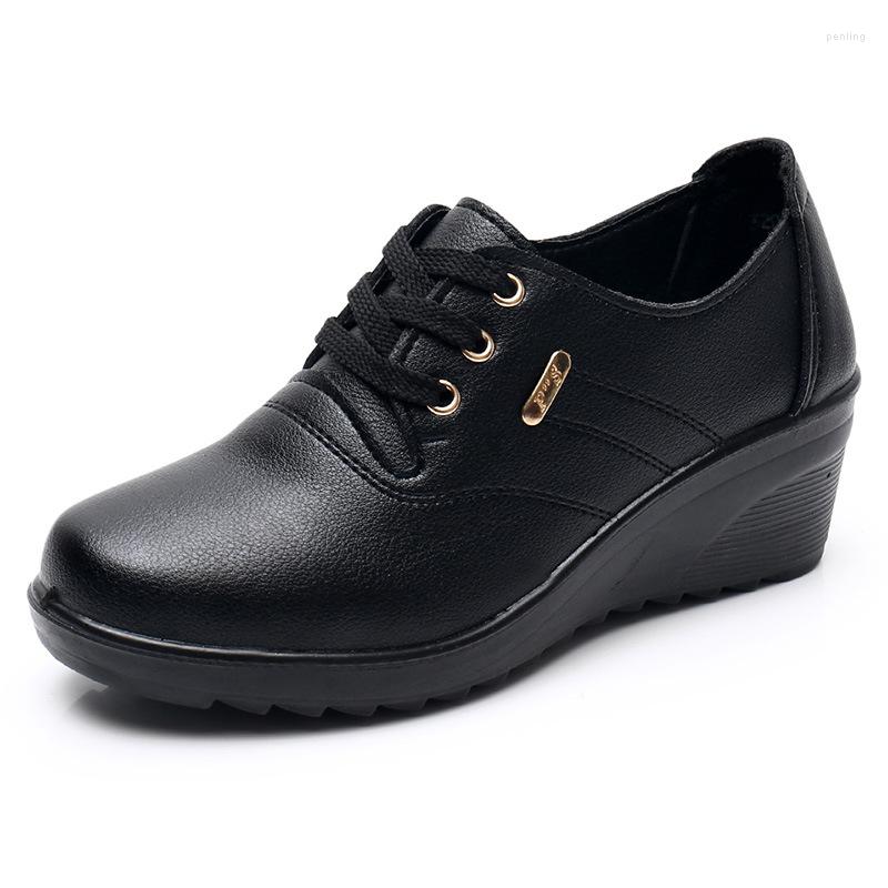 

Dress Shoes Spring Autumn Women's Single Wedges Soft Comfortable Ladies Platform Slip-On Mother's Leather High Heels, Black