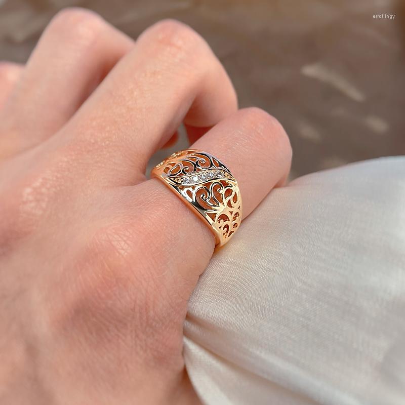 

Cluster Rings Vintage Hollow Embossed 585 Gold Wide Face For Women Inlay Natural Zircon Ethnic Golden Jewelry WomenDaily Finger