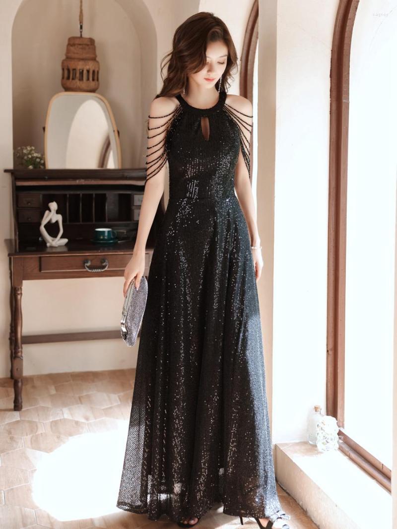 

Party Dresses Sexy Black Sequin Prom With Beads A-Line Floor-Length Halter Women Formal Evening Gowns Long 2023