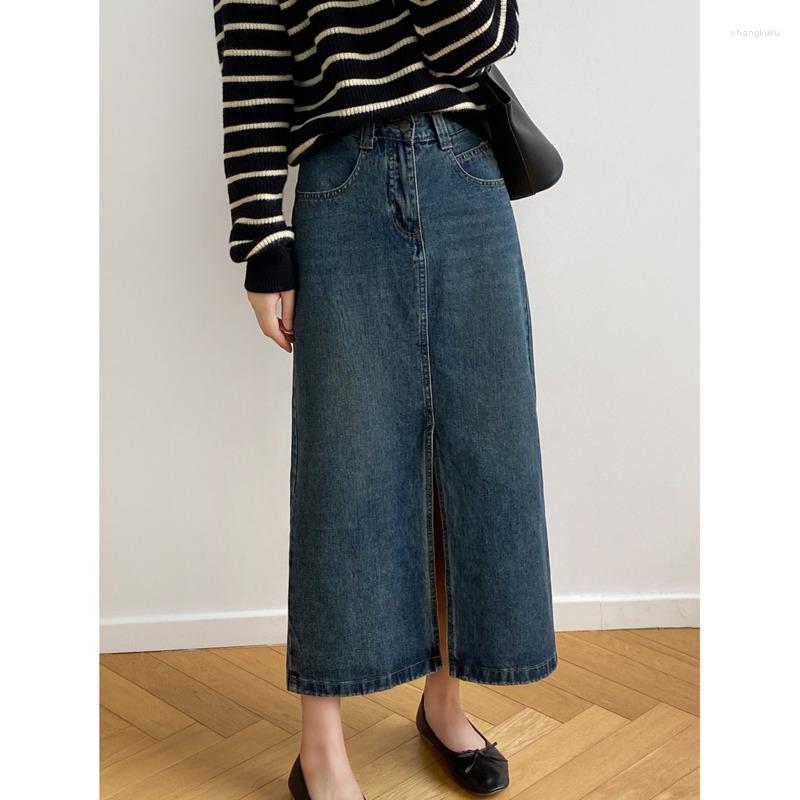 

Skirts Spring Women Denim 2023 High Waist A-line Mid Length Straight Casual Split Long, Denim blue