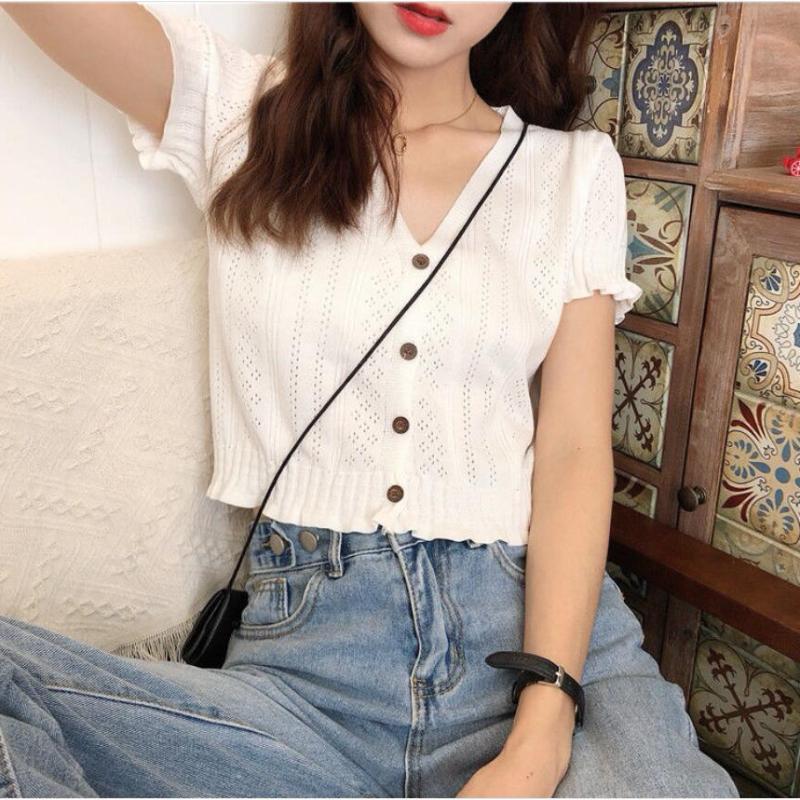 

Women's T Shirts Ladies Top Stretch Sexy Shirt Black Green Summer Crop Y2K Tee Women Short Sleeve V-neck Hollow Knit Cardigan T-shirts Whit