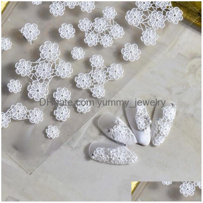 

Beaded Strands 5D Charms Embossed Flower Lace Nail Art Stickers White Engraved Design With Textured Slider Decals For Manicure Drop Dhzt2