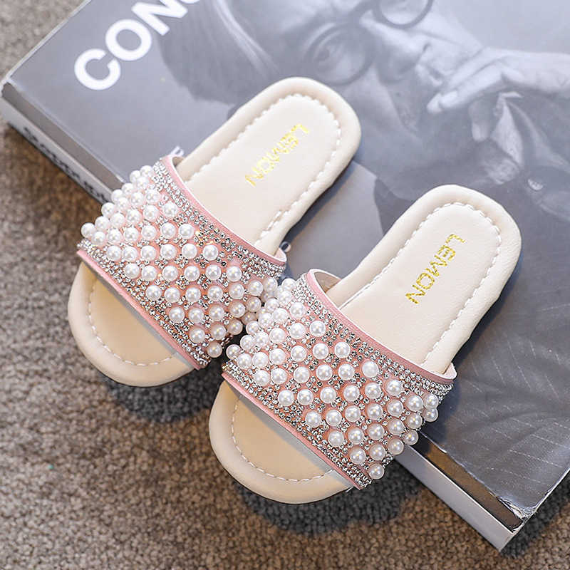 

Slipper Princess Little Girls Summer 2022 Kids Sandals Slides Beach Swimming Bath Children Bling Pearls Soft Slippers 0203, Beige