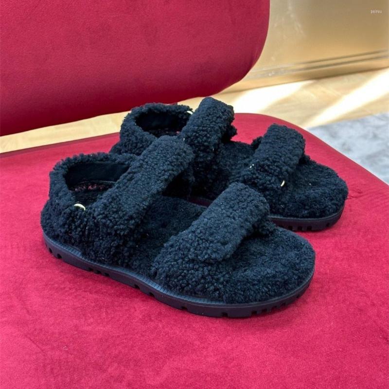 

Sandals Size 35-41 In Women Shoes Autumn Winter Wool Platform Open-Toes Outside Flat Designer Fur Lining Zapatillas, Picture shown
