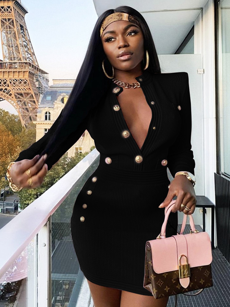 

Casual Dresses Winter Style Sexy Long Sleeve Key Hole Button Pink Mini Women Bodycon Bandage Elegant Evening Club Party 230202, Black