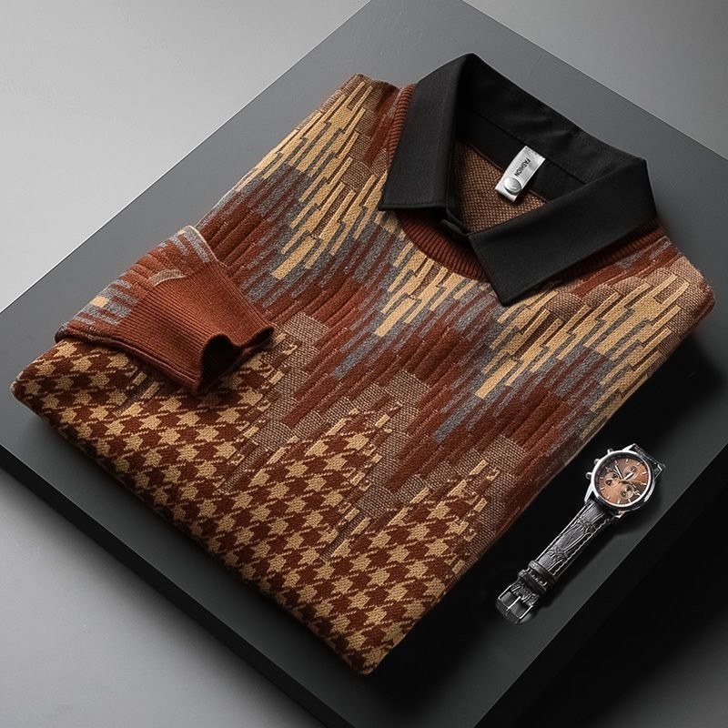 

Men's Sweaters High quality fashion vintage jacquard fake two sweaters men's luxury autumn winter thick warm shirt collar knitted pullover men 230203, Khaki