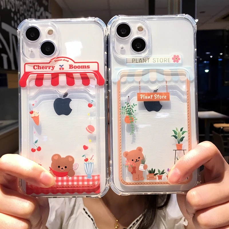 

New cases Cute Cartoon Bear Wallet Card Pocket Holder Phone Case For iPhone 14 Pro Max 13 12 11 X XR XS 7 8 Plus Transparent Shockproof