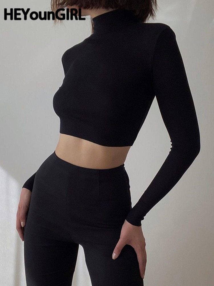 

Women's T-Shirt HEYounGIRL Solid Nude Turtleneck Cropped T Shirt Women Autumn Casual Long Sleeve T-shirt Ladies Skinny Basic Tee Shirt Femme 230203, Black