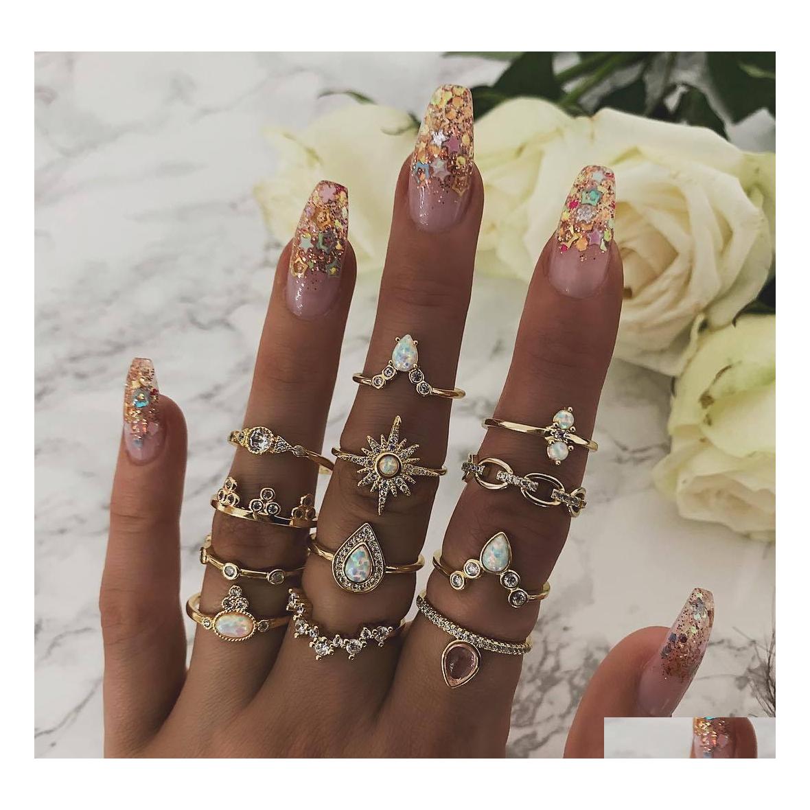 

Band Rings Bohemian Fashion Jewelry Opal Ring Set Rhinstone Drop Water Crown Stacking Midi 12Pcs/Set Delivery Dhwvd