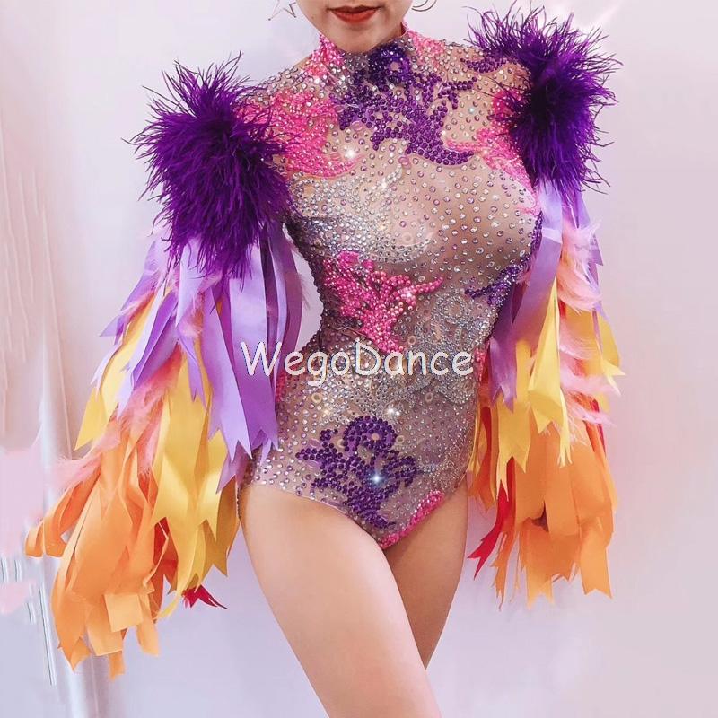 

Women's Jumpsuits & Rompers Colorful Rhinestones Full Glass Ribbon Fringes Bodysuit Birthday Prom Leotard Bar Women Singer Dancer Costume, Blue