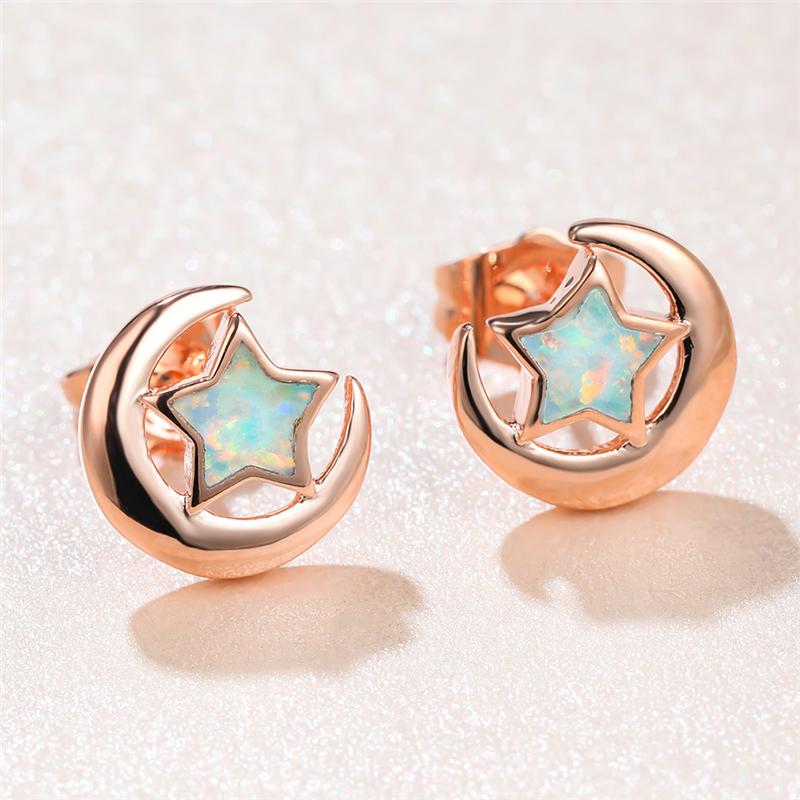 

Stud Earrings Cute Female Blue White Opal Charm Rose Gold Color Small Dainty Moon Star Wedding For WomenStud