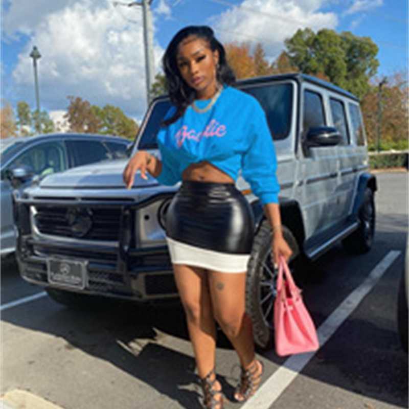 

Dresses women Two Piece Dress Sexy Letter Print Long Sleeve T-shirt And PU Leather Skirt Suits, Gray
