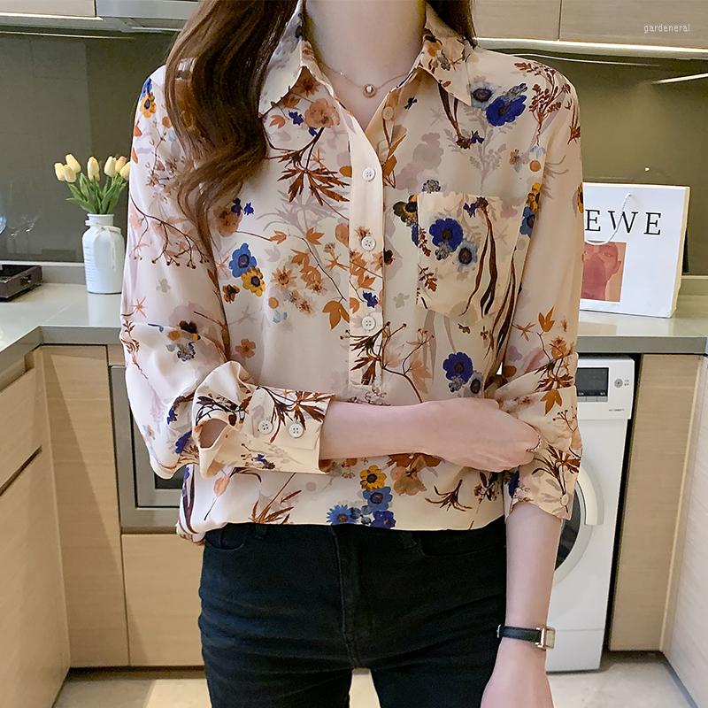 

Women' Blouses Elegant Flower Print Ladies Shirts Women' 2023 Spring Autumn Long Sleeve Pockets Tops Blusas Mujer, Apricot
