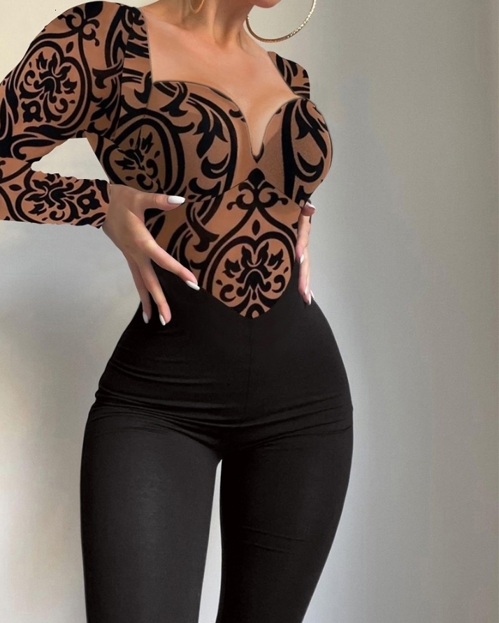 

Sexy Set Jumpsuit Women Tribal Pattern Flocked Mesh Patch Long Sleeve Jumpsuit Autumn Europe and America Fashion Womens Clothing 230202