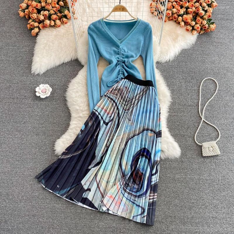 

Work Dresses Fashion Sets Autumn Winter V-Neck Drawstring Knitted Cropped Tops High Waist Mid-Length Printed Pleated Skirt Two-Piece, Blue
