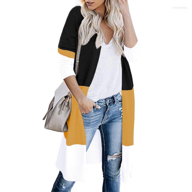

Women' Knits CS070 Sweater Contrast Colors Patchwork Cardigan Jersey Large Size Long Women Sweaters Knitted Coat Outwear, Sky blue
