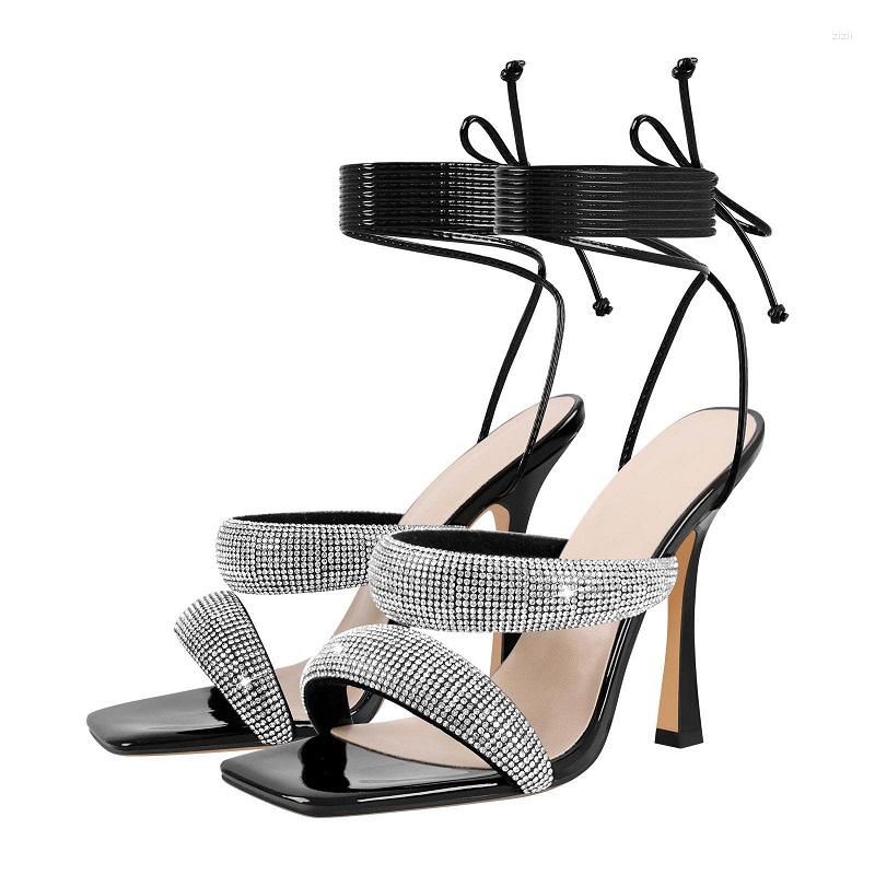 

Sandals Summer Style Square Head Hollow Strap Slim High Heel Rhinestone Show Large Size Banquet Dress Versatile Women's Shoe, Black