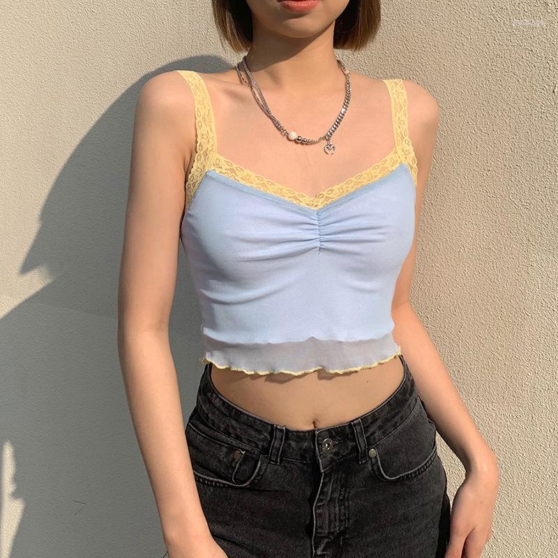 

Women' Tanks 2023 European And American Style In Spring Summer Women' Wear Contrast Color Slim Navel Sexy Wooden Ear Camisole Women, Blue