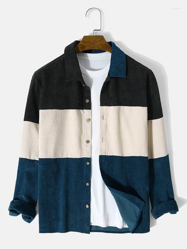 

Men' Casual Shirts Charmkpr Tops 2023 Men' Corduroy Color Block Stitching Blouse Streetwear Male All-match Simple Long Sleeve -2XL, Blue