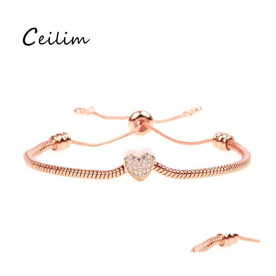 

Link Chain Trendy Adjustable Heart Charm Bracelets Bangles For Women Rose Gold Sier Color Cubic Zirconia Fashion Party Jewelry Gift Otrtq