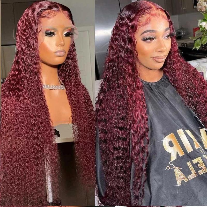 

Burgundy Transparent Deep Wave Lace Frontal Wigs 13x4 Red Colored Brazilian Remy 30 32 Inch Curly Human Hair For Women, 13x4 lace wig