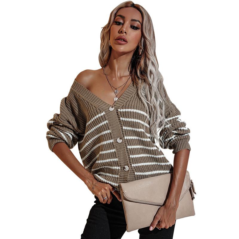 

Women' Knits & Tees Sexy V Neck Long Sleeve Striped Print Knitted Loose Cardigan Sweater Tops For Women Autumn Spring WDC8578