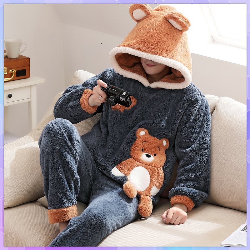 

Men's Sleepwear Casual Cartoon Winter Thicken Flannel Warm Pajamas For Men Sets Male Long Sleeve Homewear Loose Pajama Plus Size 3XL 230202, 01