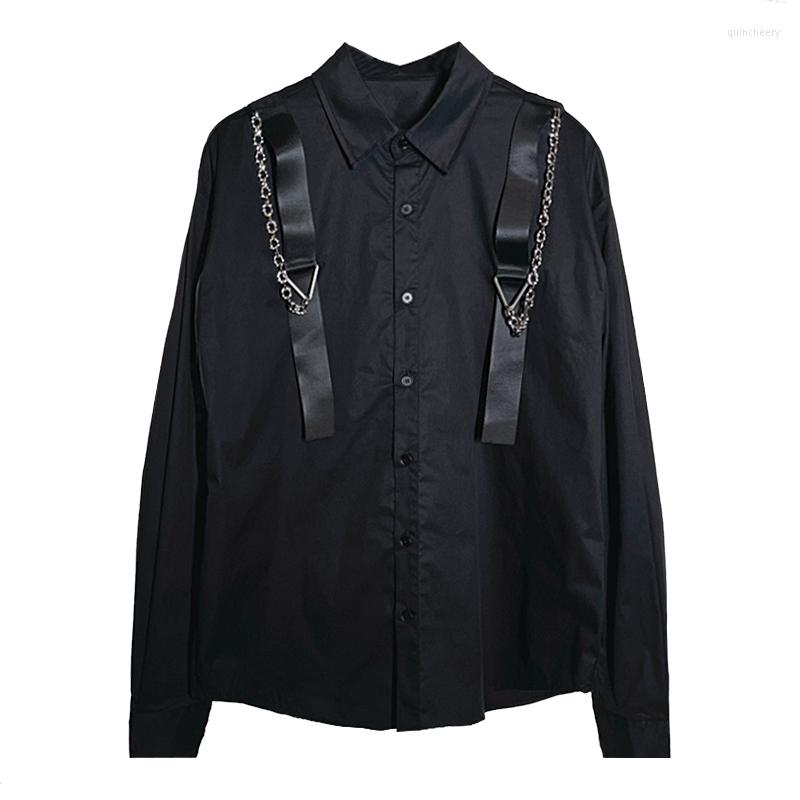 

Men's Casual Shirts 2023 Spring Solid Color For Men Fashion Strap Chain Loose Streetwear Social Camisa Masculina Clothing, Black