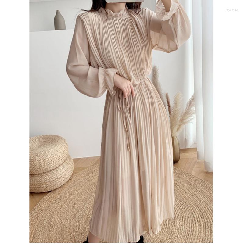 

Casual Dresses 2023 Autumn Loose Pleated Lace Up Dress Khaki Korean Gentle Style