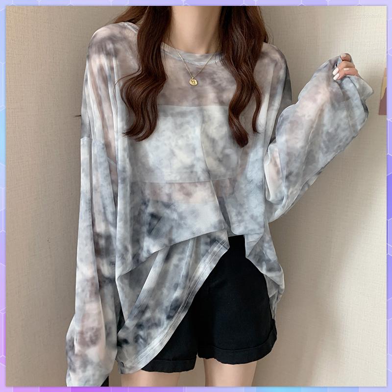

Women's Swimwear Transparent Tie-Dye Bikini Cover Up Women Sexy Mesh Tunic Sunscreen Pareo Beach Top Summer Thin Ice Silk Long-Sleeved, 05 1pcs
