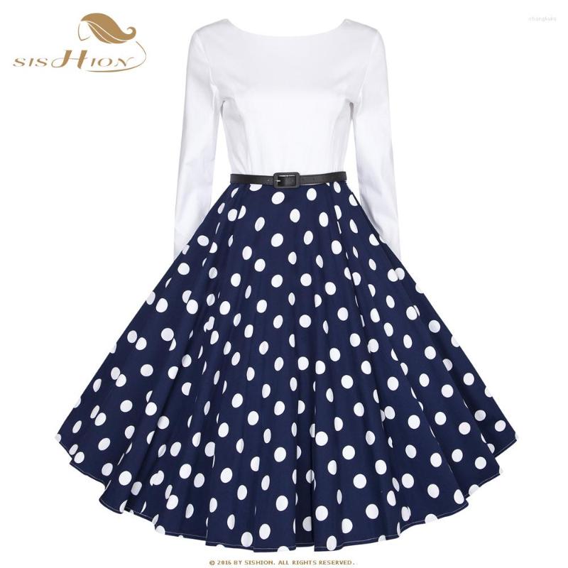 

Casual Dresses SISHION 2023 Spring 50s 60s Polka Dots Vintage Dress VD1525 Long Sleeve Women Ladies Cotton Swing Retro, Black