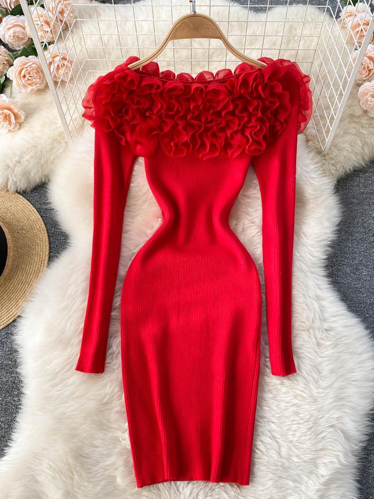 

Casual Dresses YuooMuoo Romantic Women 3D Flowers Bodycon Party Dress 2023 Spring Autumn Elegant Off Shoulders Long Sleeve Knitted Y2K, Black