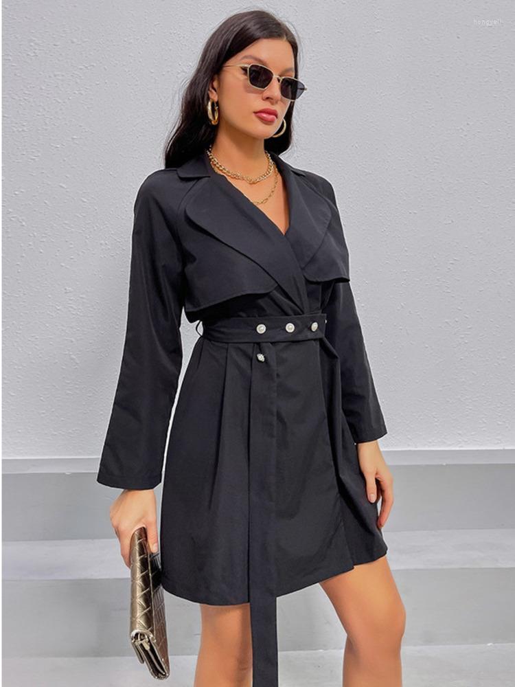 

Casual Dresses DGIRL Black Dress Women Blazer Spring And Autumn Long Sleeve Temperament Leisure Strap Pure Color Windbreaker Coat