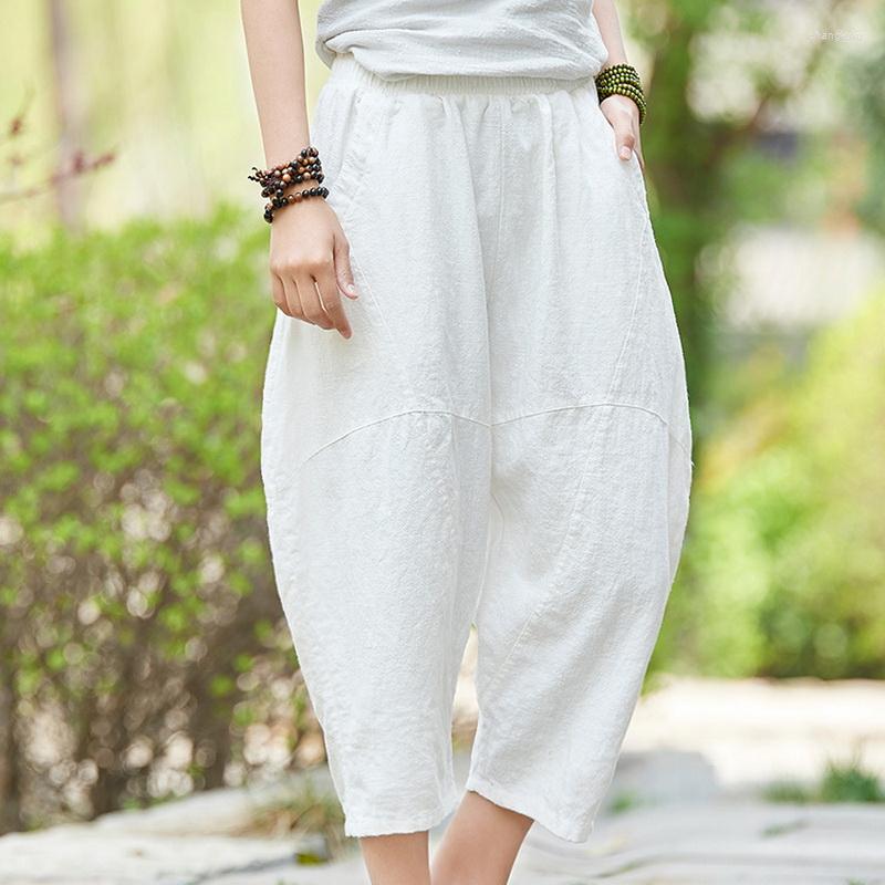 

Women's Pants Arrival Brand Cotton And Linen Women Retro Ankle-length Girls Elastic Waist Fashion Pantalones, White