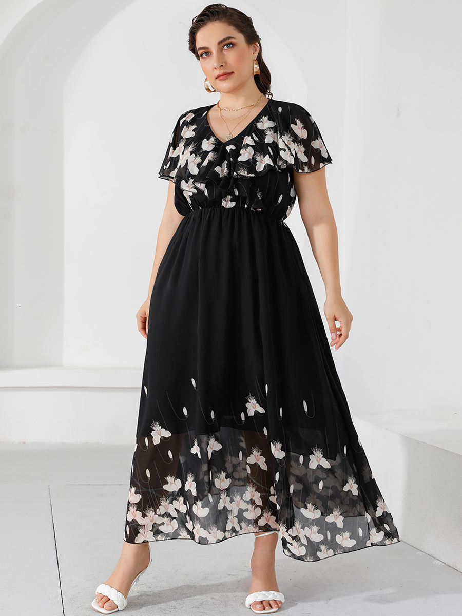

Plus size Dresses Plus Size Casual Women's Dresses Summer Ruffles V Neck Short Sleeve Floral Maxi Long Dress Black Chiffon Boho Beach Dresses 230203