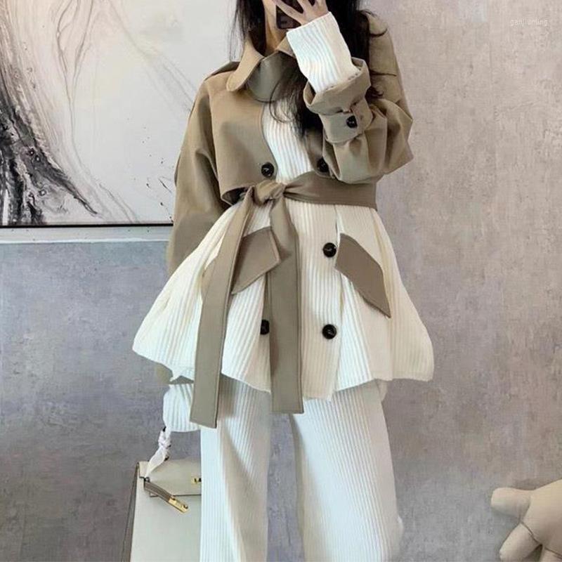 

Women' Two Piece Pants Stylish Design Splicing Color Contrast Corduroy Suit Women' Autumn And Winter Trench Coat Trousers Two-piece, Pic