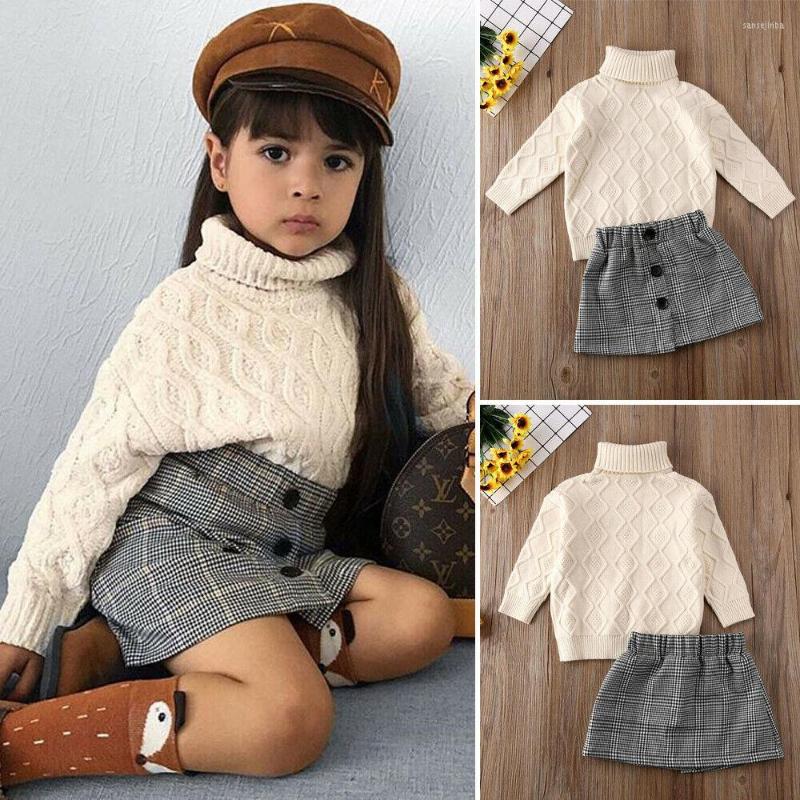 

Clothing Sets 3-7Years Kids Baby Girl Winter Clothes Solid Knitted Plaid Button Short Skirt Turtleneck Knit Sweater Mini Outfit, Picture shown