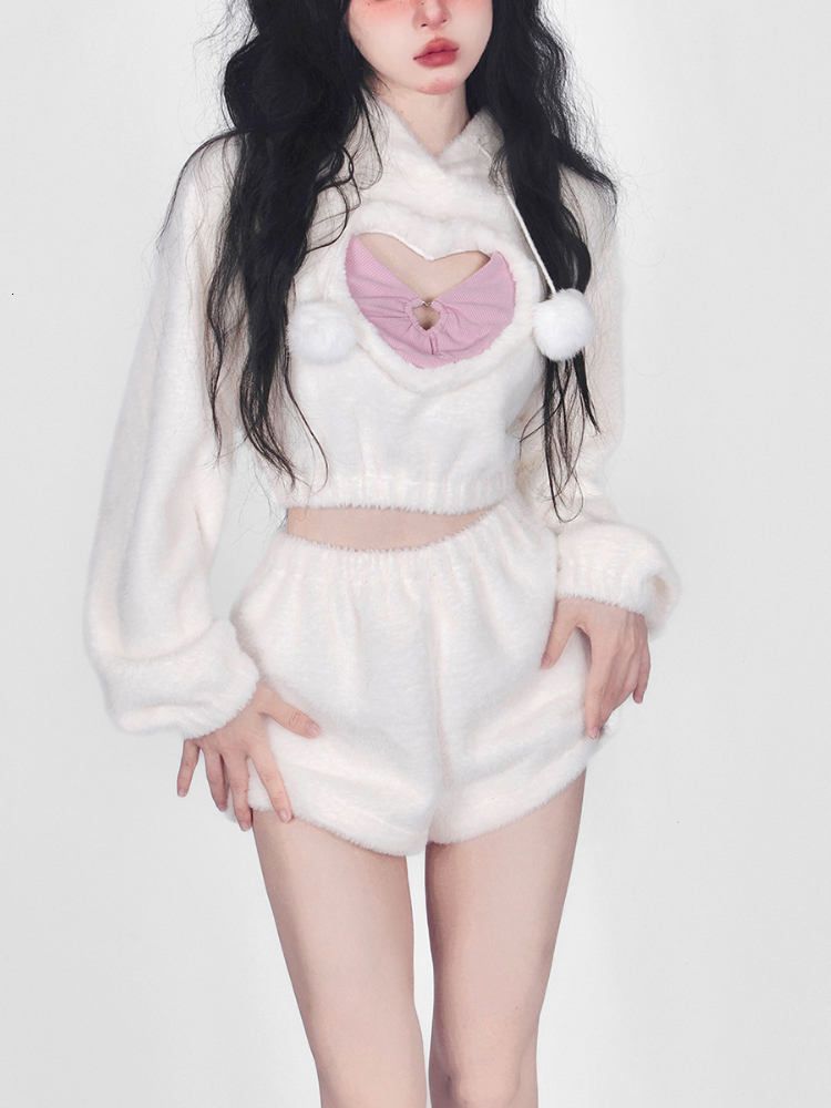 

Womens Two Piece Pants Warm White Sweet Set Women Korean Style Kawaii Cute Short Female Lolita Japanese Hoodie Suit Autumn 230202, Only shorts