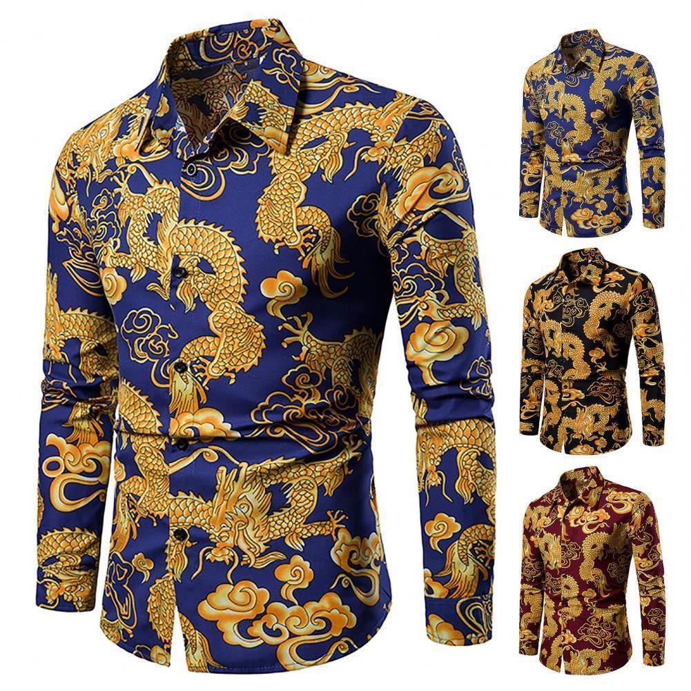 

Men's Casual Shirts Men Shirt Chinese Style Mighty Dragon Print Turndown Collar Spring TShirt for Daily Wear 230202, Black