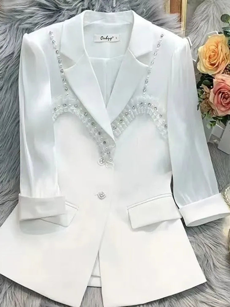 

Women's Suits Blazers Blazer Women Spring Summer Fashion Singlebreasted Beading White Suit Coat Three Quarter Sleeve Slim Small 230203, Blue