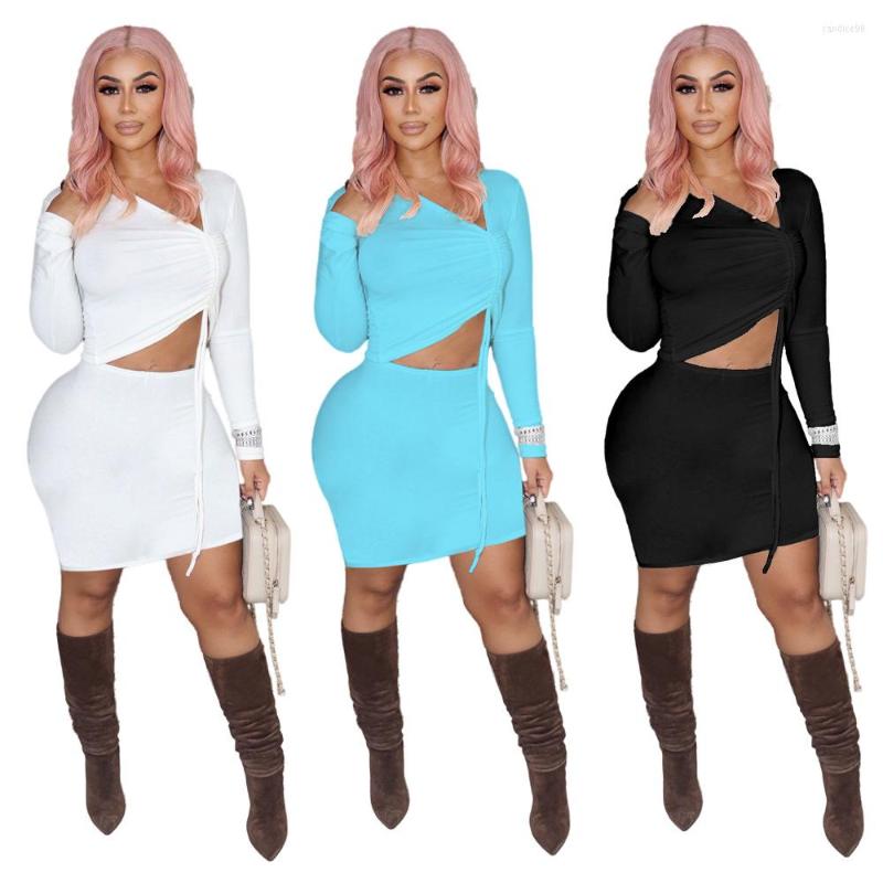 

Work Dresses Elegant Streetwear Solid Ruched Lace Up Tracksuit Women Sexy Long Sleeve Irregular Top Mini Skirts Club Party Two Piece Set, Blue set