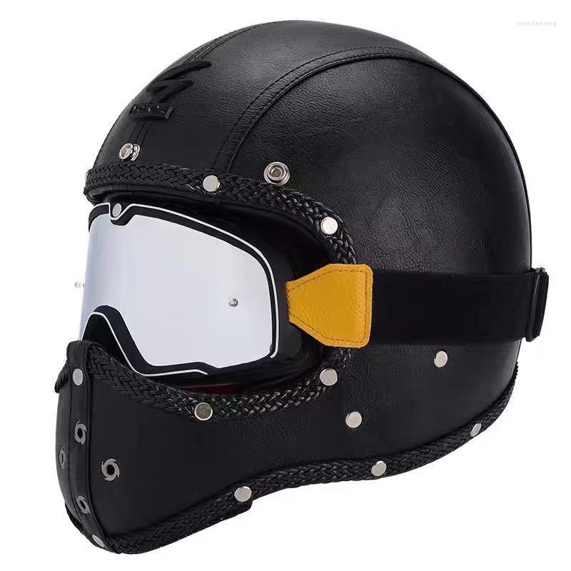 

Motorcycle Helmets Vintage Black Leather Helmet ABS Shockproof Full Face Motocross OFF-road Motorbike Protective Gear, Brown