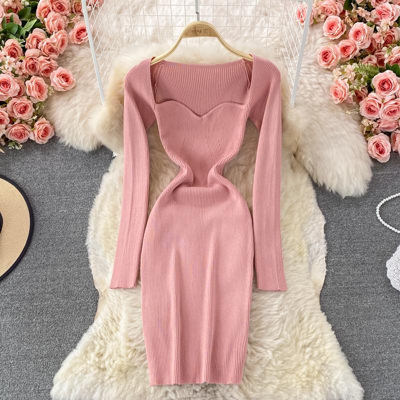 

Casual Dresses Winter Women Knitted Sheath Ladies Slim Solid Color Long Sleeves Square Collar Bottom Knee-length Middle Pencil Dress, Green