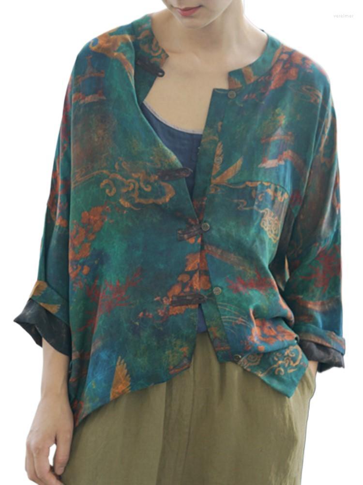 

Women's Blouses QPFJQD Female Long Sleeve Print Floral Shirts 2023 Autumn Spring Button Women Retro High Quality And Tops Stand, Green