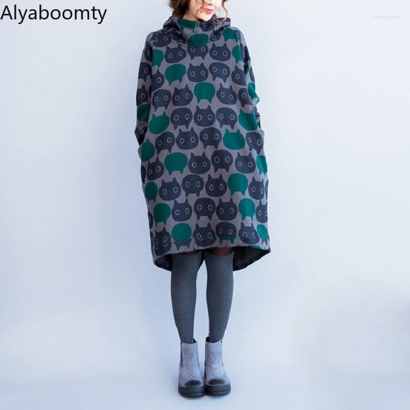 

Casual Dresses Autumn Winter Women Mini Dress Printed Loose Long Sleeve Cartoon Cute Hooded Tunic Korean Style Oversize Warm, As the photo