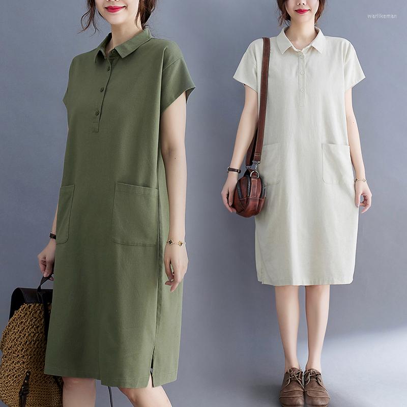 

Party Dresses Summer Elegant Green Turn Down Collar Shirt Dress For Women Short Sleeved Casual Pocket Solid Color Cotton Linen Vestido