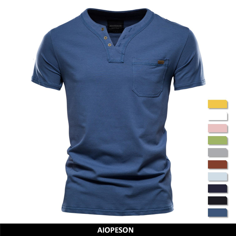 

Men's Polos Summer Top Quality Cotton T Shirt Solid Color Design Vneck Tshirt Casual Classic Clothing Tops Tee 230202, Denim blue
