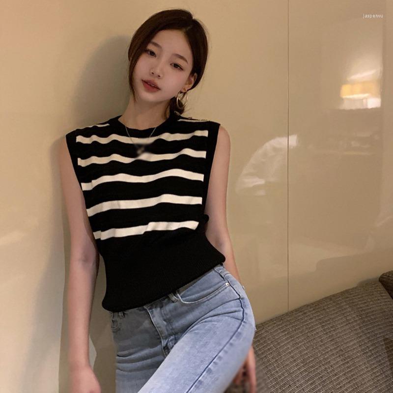 

Women's Tanks 2023 Women Tops Summer Round Neck Striped T-shirts Preppy Style Waist Slimming Bottoming Sleeveless